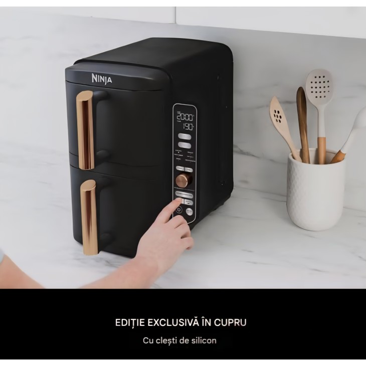 Ninja Double Stack XL SL400EUCP forrólevegős fritőz, 9,5 L, 2 függőleges fiók, 4 főzési szint, kompakt kialakítás, 6 funkció, 8 adag, csipesz mellékelve, fekete/réz, szállítási idő 7-8 nap