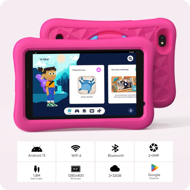AOGO K8 gyermektáblagép, 8"-es LCD képernyő, 32 GB, 2 GB RAM, WiFi, Android 13, szülői felügyelet, játékok és oktatási tevékenységek, 5 MP kamera, rózsaszín