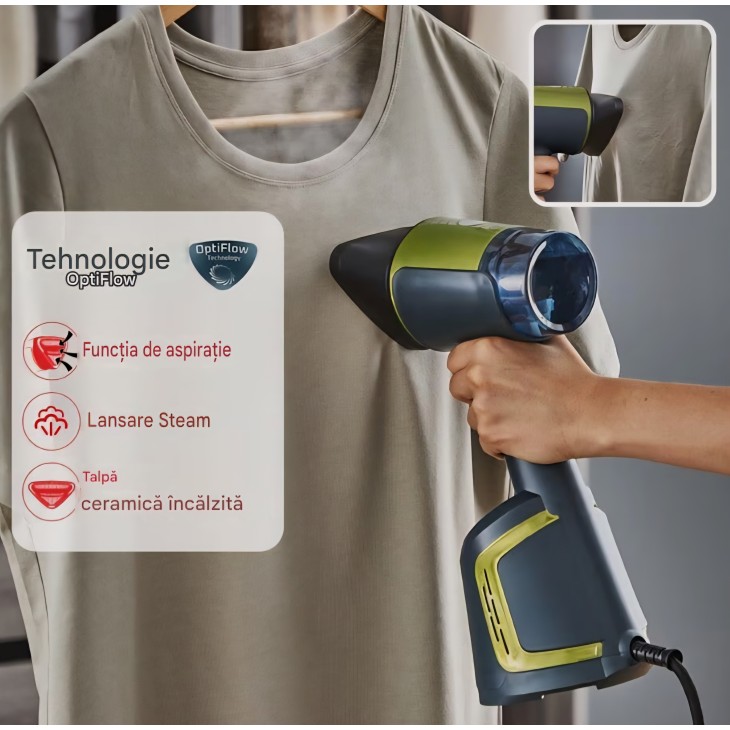 Tefal Aero Steam függőleges gőzölős vasaló, 1400 W, kerámia vasalótalp, 20 g/perc gőzteljesítmény, 3 üzemmód, turbó szívófunkció, kivehető 100 ml-es tartály, gyors eredmény gyűrődésmentesen, ruhákhoz és textíliákhoz, kék/zöld