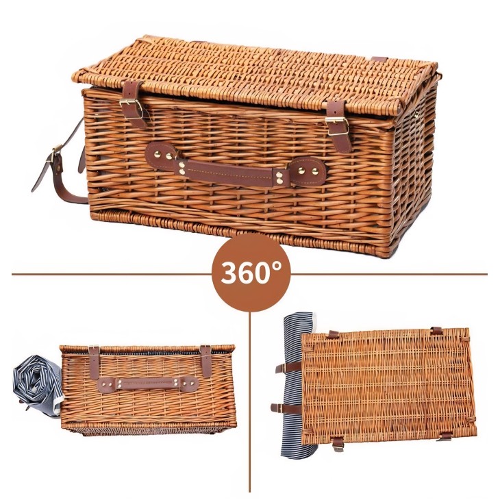 Kézzel készített fonott piknikkosár, Willow Weave GC-03, 4 személyes, szigetelt rekesszel, vízálló takaróval, evőeszközkészlettel, elegáns barna dizájn, ideális kempingezéshez és zöld fűre, kék-fehér