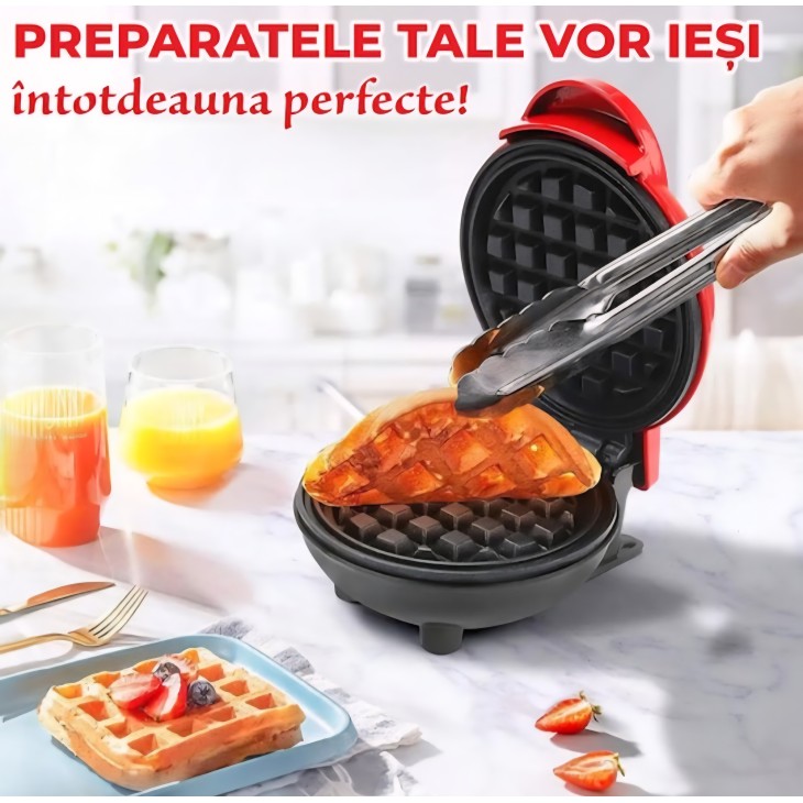 Mini gofrisütő, Bukaté, tapadásmentes lapok, jelzőfény, piros