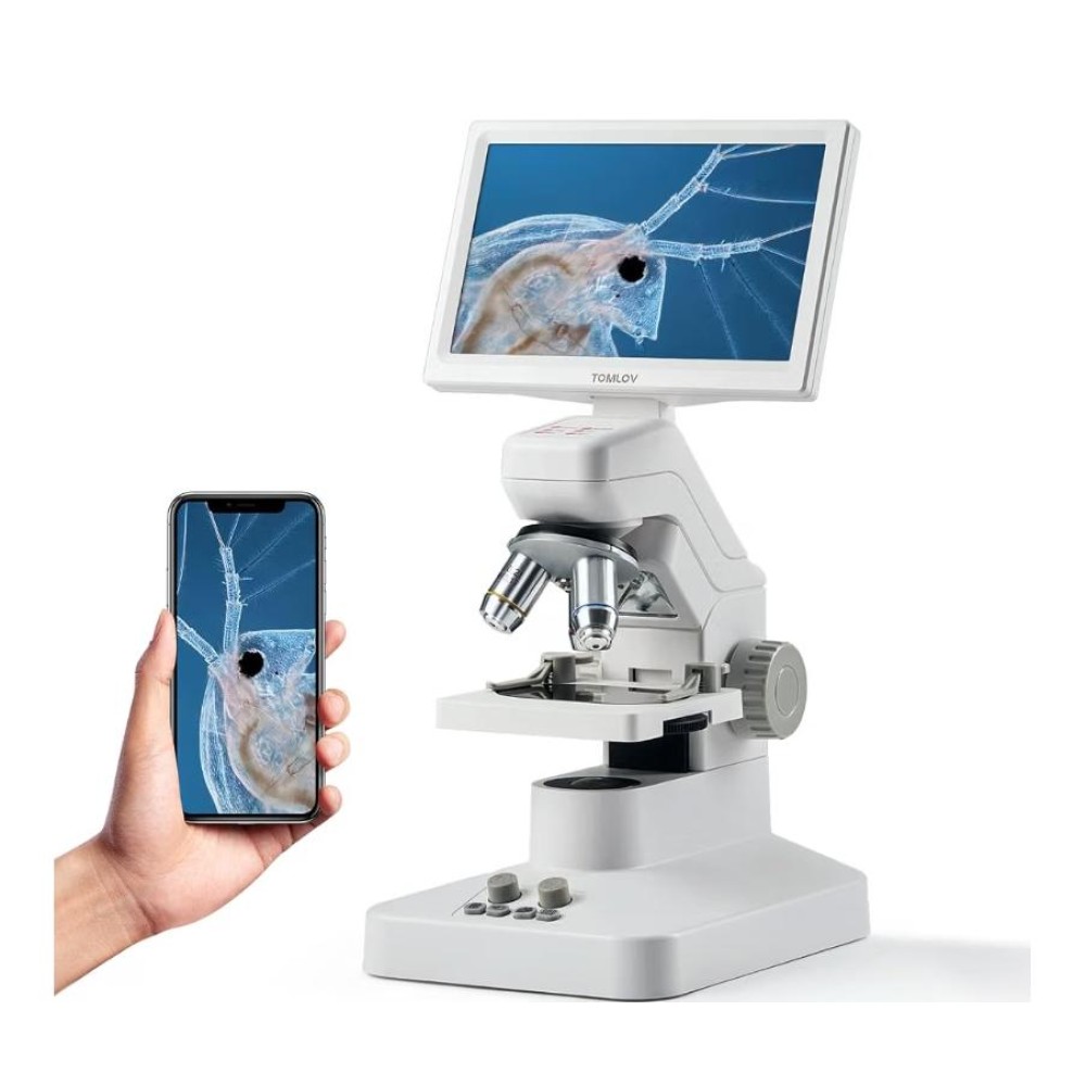 TOMLOV DM301 Pro digitális biológiai mikroszkóp, 3 lencsével, 7"-os IPS LCD képernyővel, akár 1200x-os nagyítással, 8MP kamerával, 1080P videóval, kettős LED megvilágítással, WiFi-vel, USB és HDMI csatlakozóval, szállítás 7-9 nap