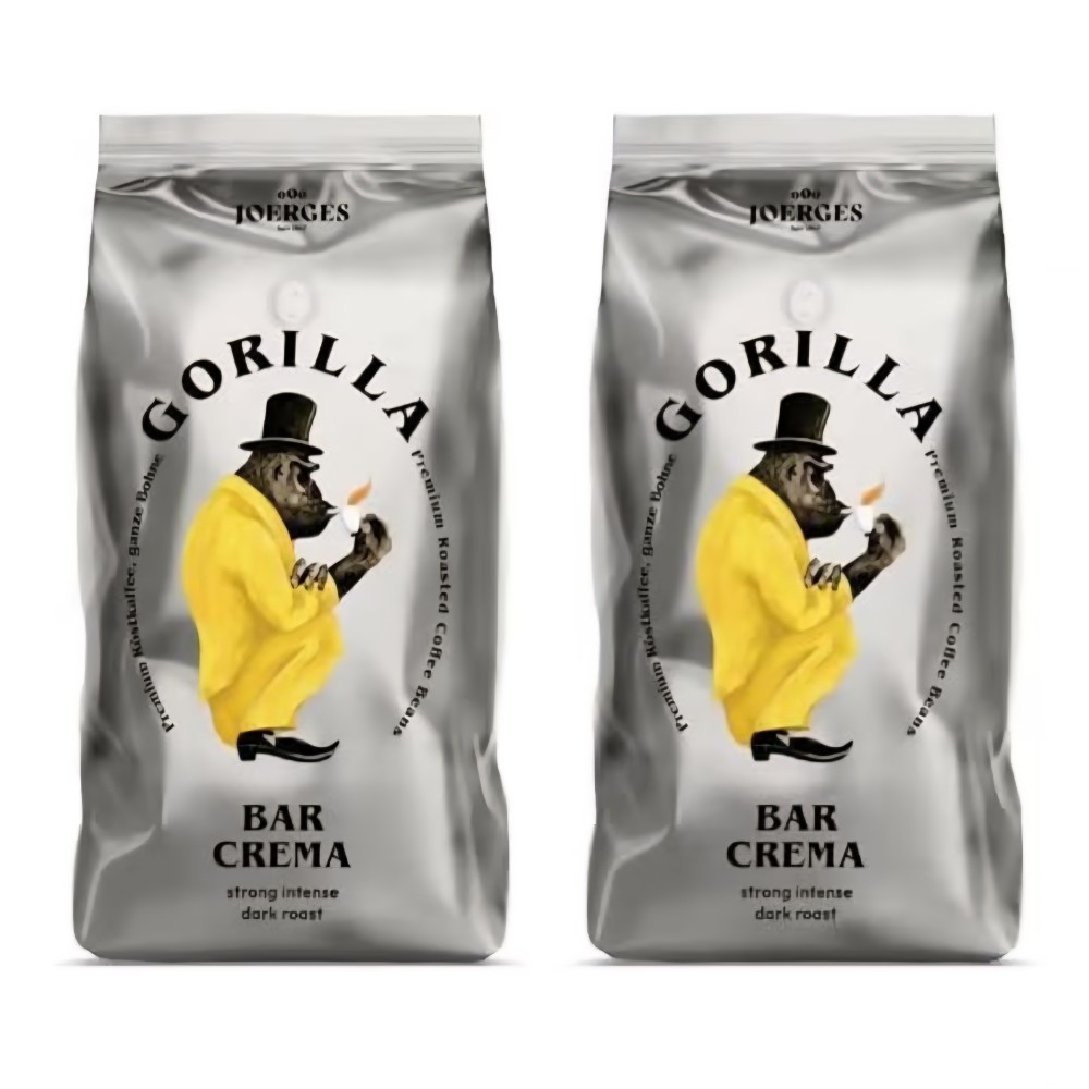Joerges Espresso Gorilla Bar Crema kávébabok, 2 x 1 kg, sűrű krém, intenzív íz, eszpresszóhoz és tejes italokhoz