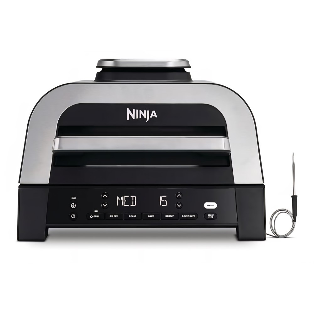 Ninja MAX DG551EU elektromos grill és forrólevegős fritőz, 6 az 1-ben, 3,8 L, beltéri használatra, 6 főzési funkció, akár 6 hamburger kapacitása, alacsony füstkibocsátás, digitális hőmérővel, szürke/ezüst, szállítási idő 7-8 nap