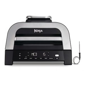 Ninja MAX DG551EU elektromos grill és forrólevegős fritőz, 6 az 1-ben, 3,8 L, beltéri használatra, 6 főzési funkció, akár 6 hamburger kapacitása, alacsony füstkibocsátás, digitális hőmérővel, szürke/ezüst, szállítási idő 7-8 nap
