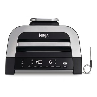 Ninja MAX DG551EU elektromos grill és forrólevegős fritőz, 6 az 1-ben, 3,8 L, beltéri használatra, 6 főzési funkció, akár 6 hamburger kapacitása, alacsony füstkibocsátás, digitális hőmérővel, szürke/ezüst, szállítási idő 7-8 nap