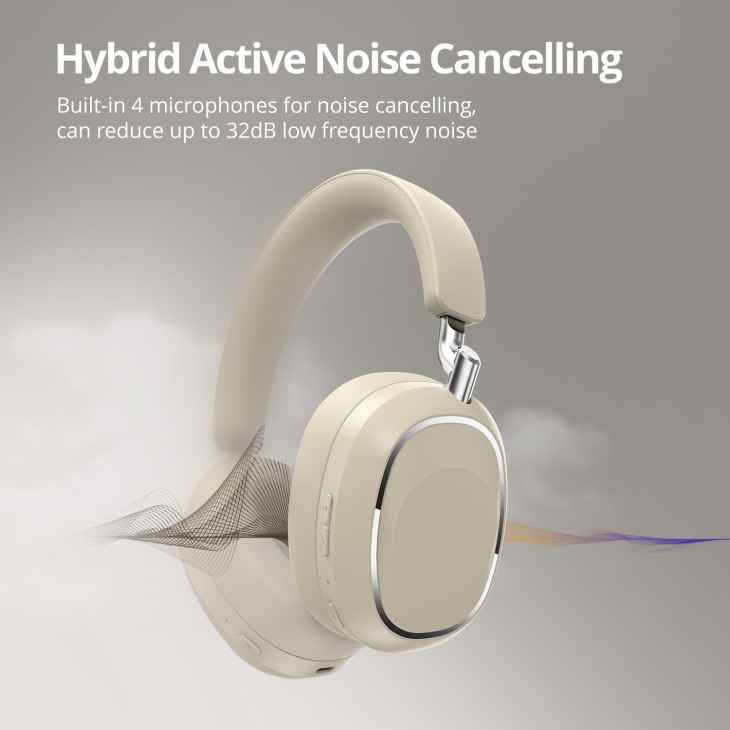 Vezeték nélküli, fülre helyezhető fejhallgató, TEELINE M32, Bluetooth 5.4 adaptív ANC, tiszta mélyhang, 65 órás akkumulátor-élettartam, bézs szín