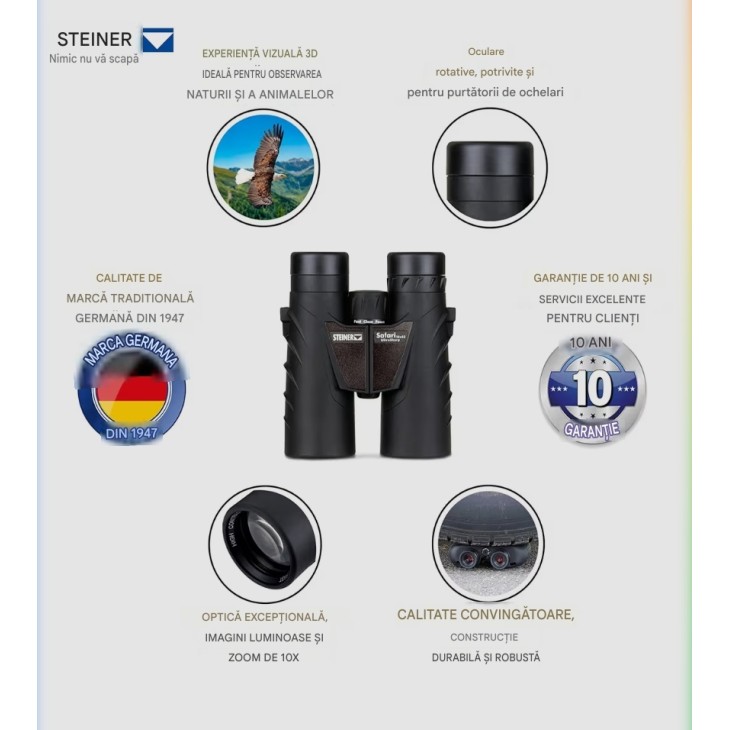 Professzionális távcső, Steiner Safari UltraSharp 10x42, Tiszta kép és nagy kontraszt, UltraSharp optika, Vízálló, Robusztus, Utazáshoz, Túrázáshoz, Koncertekhez, Sporthoz és Természethez, Szállítás 7-9 Napon belül