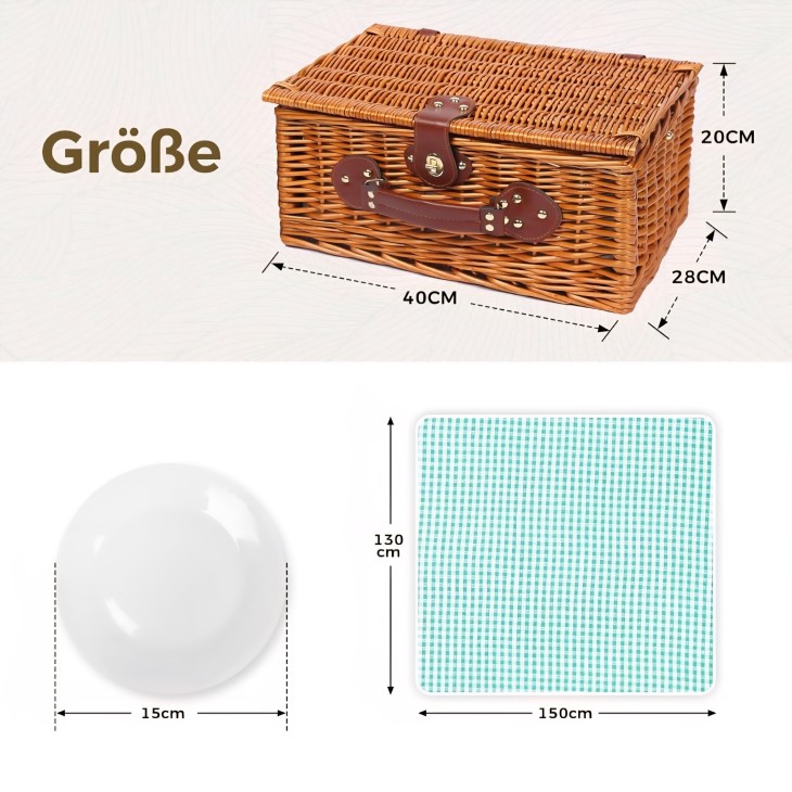 Kézzel készített fonott piknikkosár, Willow Weave GC-02, 4 személyes, szigetelt rekesszel, vízálló takaróval, komplett evőeszközkészlettel, levehető pánttal, ideális kempingezéshez, strandoláshoz, túrázáshoz, grillezéshez, családi ajándék