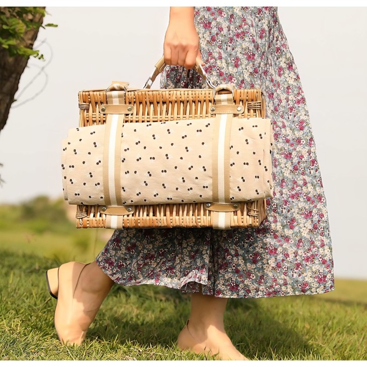 Prémium minőségű fonott piknikkosár 2 fő részére, Willow Weave CF-022, nagy hőszigetelt táska, vízálló takaró, ideális kültéri tevékenységekhez