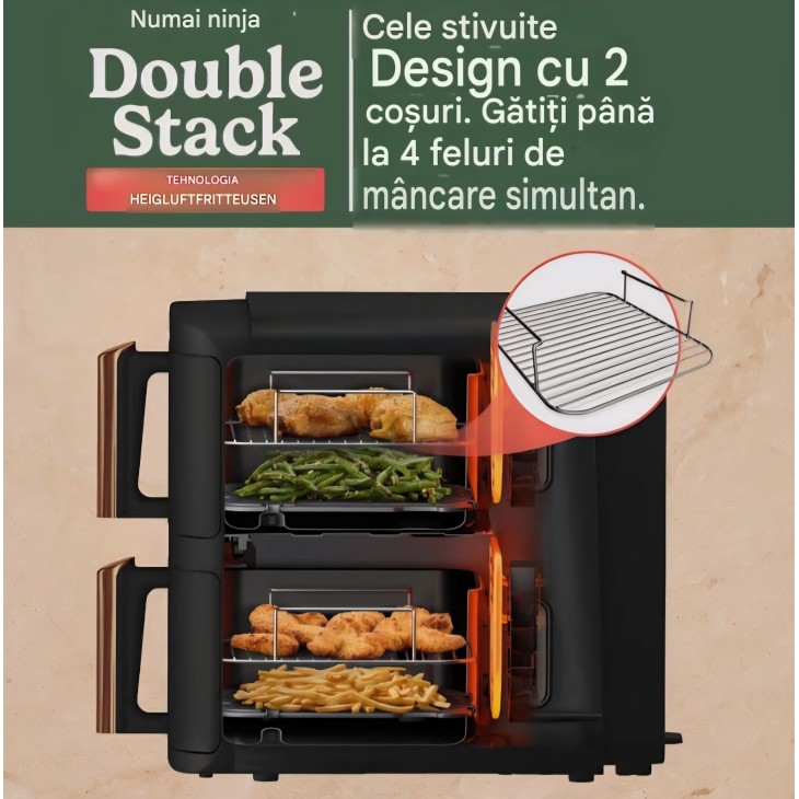 Ninja Double Stack XL SL400EUCP forrólevegős fritőz, 9,5 L, 2 függőleges fiók, 4 főzési szint, kompakt kialakítás, 6 funkció, 8 adag, csipesz mellékelve, fekete/réz, szállítási idő 7-8 nap