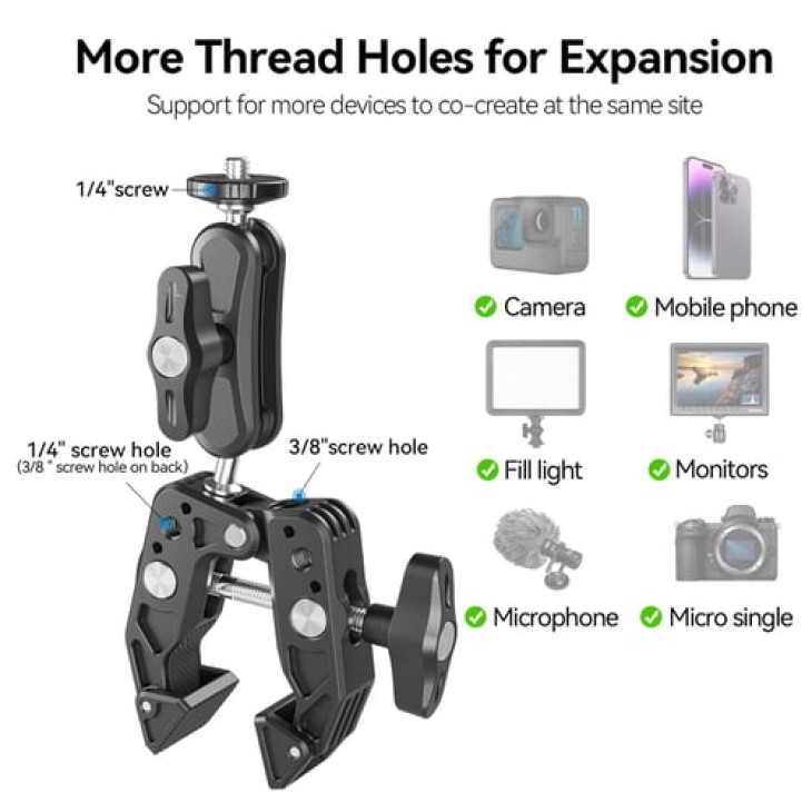 Multifunkcionális tartó rákszorítóval, Telesin SC-001, 360 fokos forgatás, 1/4 csavar, GoPro Hero tartó, monitor, videolámpa, mikrofon