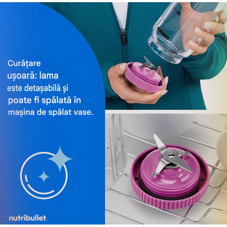 NutriBullet Flex hordozható turmixgép 590 ml, USB-C, jégzúzóval, levehető pengével, elvitelre alkalmas fedéllel, BPA-mentes, NBP013VT, lila