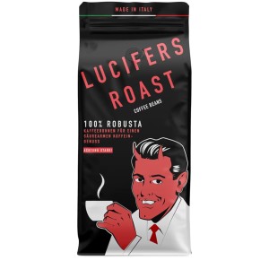 LUCIFERS ROAST Kávébab 1 kg, 100% Robusta, Extra Erős Espresso, Sötét Pörkölés, Alacsony Savtartalmú, Automata Espresso Gépekkel és Portafilterekkel Kompatibilis, Egész Kávébabok, Olaszországból Importálva