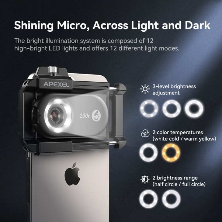 Mikroszkóp lencse, Apexel Phone Micro 5, zoom 200x, markolatrendszer iPhone 15, 14,13,12,11, Samsung S24/S23/S22, Huawei, Xiaomi, Oppo készülékekhez