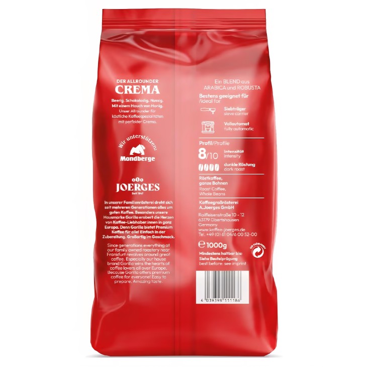 Joerges Gorilla Super Bar Crema kávébabok, 2 x 1 kg, prémium keverék, gazdag krém, intenzív aroma, eszpresszóhoz és tejes italokhoz