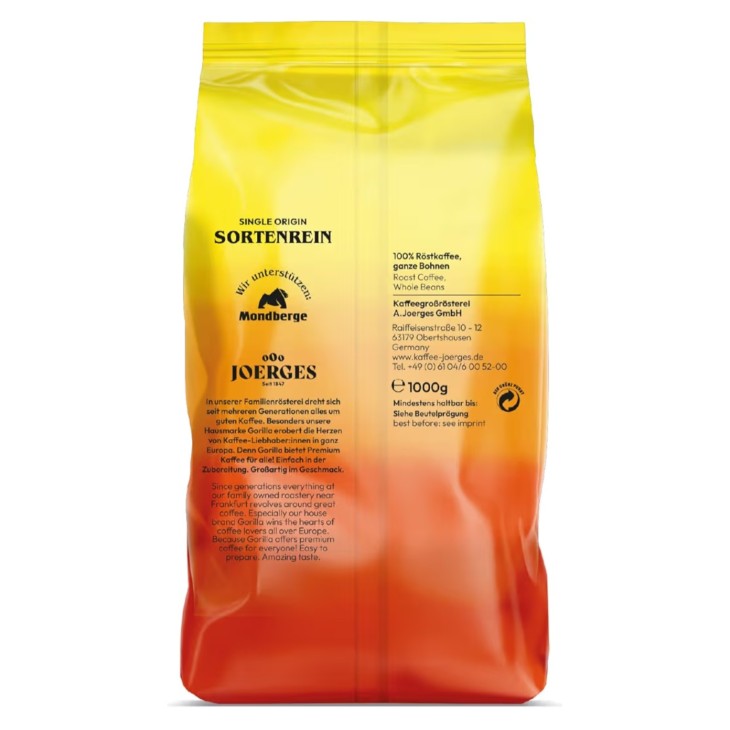 Joerges Gorilla Monsoon kávébabok, 1 kg, 100% Arabica, egzotikus aroma, telt test, eszpresszóhoz és hosszú kávéhoz