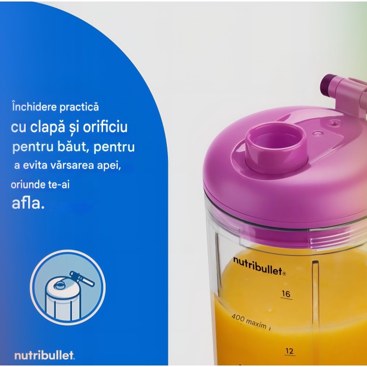 NutriBullet Flex hordozható turmixgép 590 ml, USB-C, jégzúzóval, levehető pengével, elvitelre alkalmas fedéllel, BPA-mentes, NBP013VT, lila