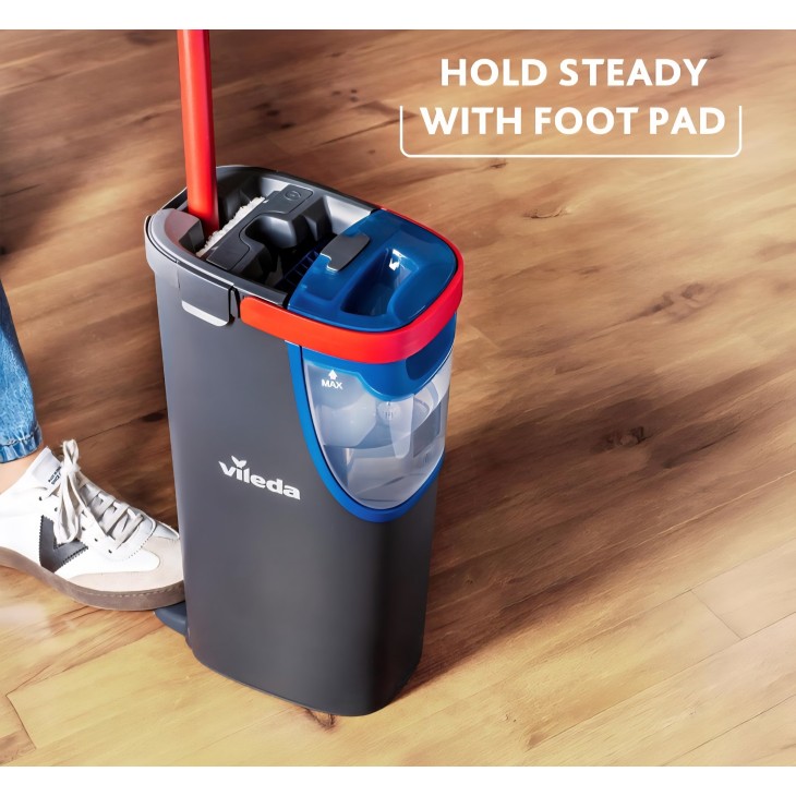 Prémium lapos felmosókészlet, Vileda H2PrO, vödör, 100%-ban tiszta-szennyezett víz elválasztó rendszer, egykezes centrifugálás, higiénikus mikroszálas