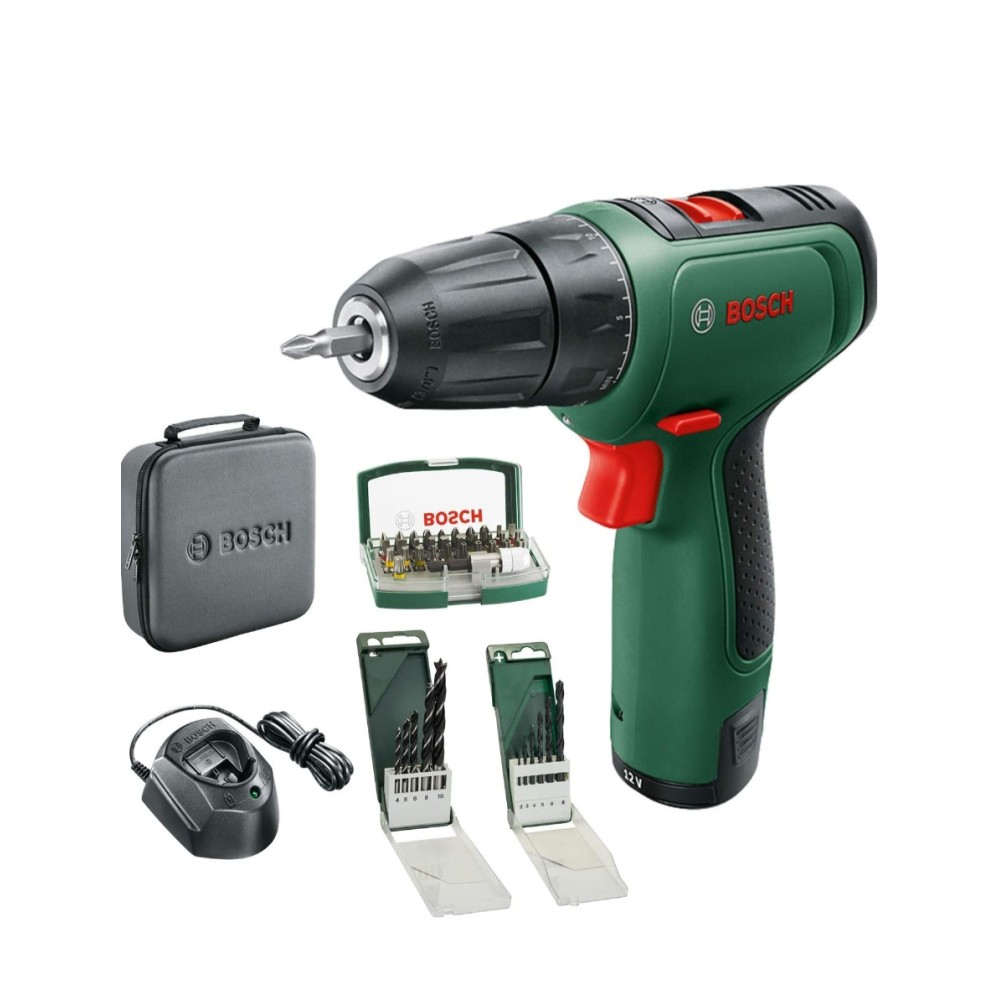 Fúró-csavarozó, Bosch Home & Garden EasyDrill 1200 12 V, 2.0 Ah akkumulátor, fúrókészlet, csavarhúzók, puha táska, zöld