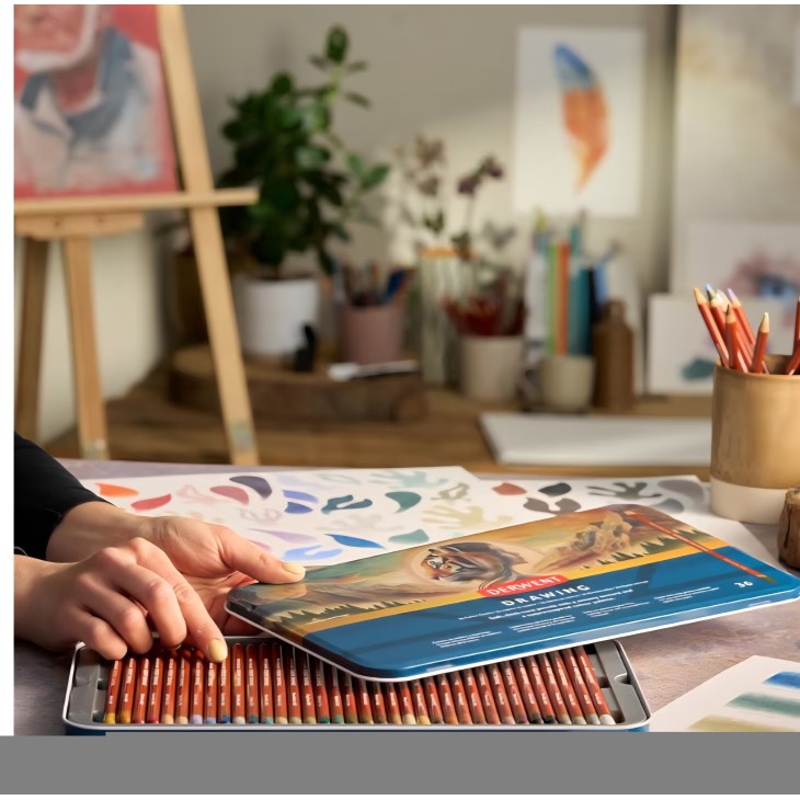 36 darabos Derwent Drawing professzionális színes ceruza készlet 2306557, fém dobozban, 5 mm-es grafittal, krémes textúrával, intenzív színekkel, művészi rajzoláshoz