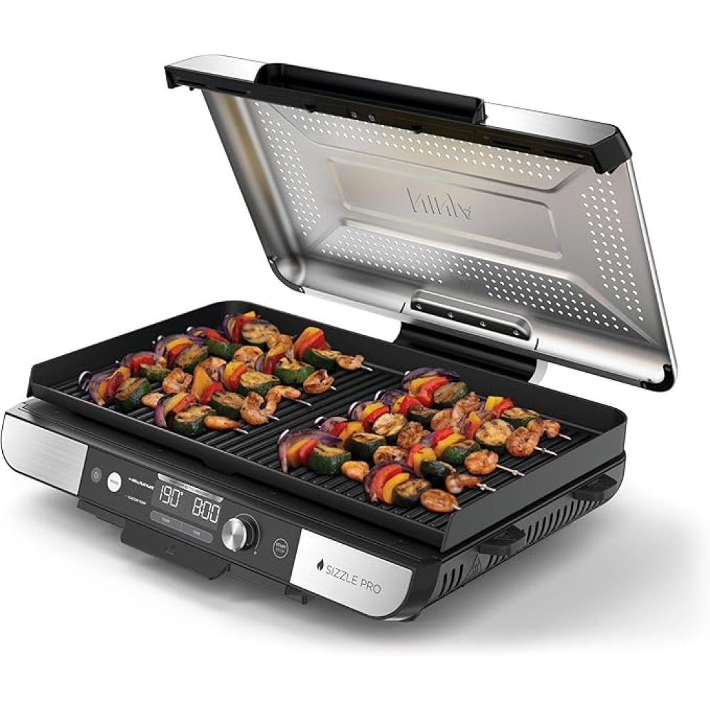 Ninja Sizzle Pro XL GX101EU elektromos grill és plancha, beltéri használatra, felső grilllap és plancha, tapadásmentes kerámia bevonat, levehető fedél, zsírgyűjtő tálca, receptkönyv mellékelve, ezüst/fekete, szállítási idő 7-8 nap