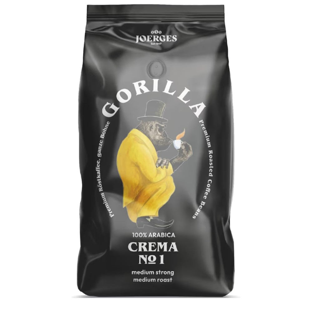 Joerges Espresso Gorilla Crema No.1 sötét pörkölésű kávébab, 1 kg, intenzív pörkölésű, sűrű krémmel, erős ízű, eszpresszóhoz és cappuccinóhoz