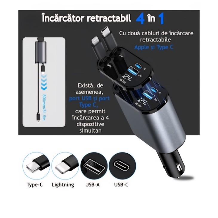 4 az 1-ben multifunkciós autós töltő, THD, gyorstöltés, maximális teljesítmény 66W, digitális kijelző, két behúzható UCB Type C és Apple kábellel, 2 USB és USB-C kimeneti porttal