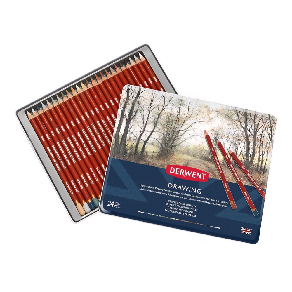 24 db-os Derwent Drawing professzionális színes ceruza készlet, fémdoboz, intenzív színek, puha bél művészi rajzoláshoz és satírozáshoz