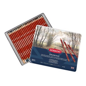 24 db-os Derwent Drawing professzionális színes ceruza készlet, fémdoboz, intenzív színek, puha bél művészi rajzoláshoz és satírozáshoz
