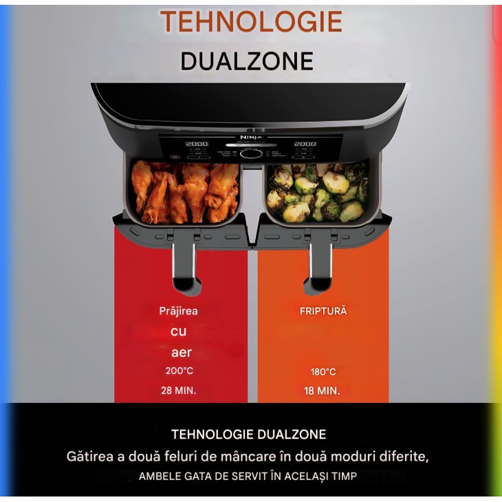 Ninja AF300EU kétzónás forrólevegős fritőz, 2470 W, 7,6 literes űrtartalom, 2 független rekesz, 6 főzési funkció, akár 65%-os energiamegtakarítás, fekete/szürke, szállítási idő 7-8 nap