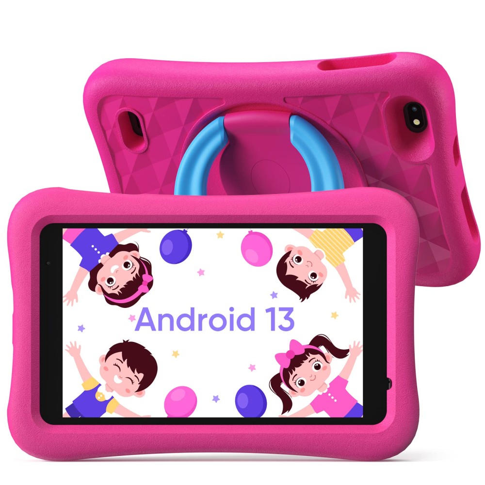 AOGO K8 gyermektáblagép, 8"-es LCD képernyő, 32 GB, 2 GB RAM, WiFi, Android 13, szülői felügyelet, játékok és oktatási tevékenységek, 5 MP kamera, rózsaszín