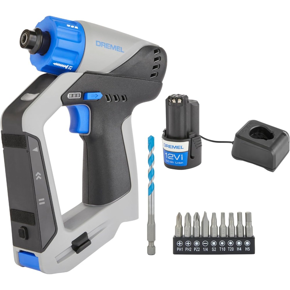 Akkus fúró és csavarhúzó, Dremel Blueprint, 12 V-os akkumulátor, vonallézer, fúró- és bitkészlet