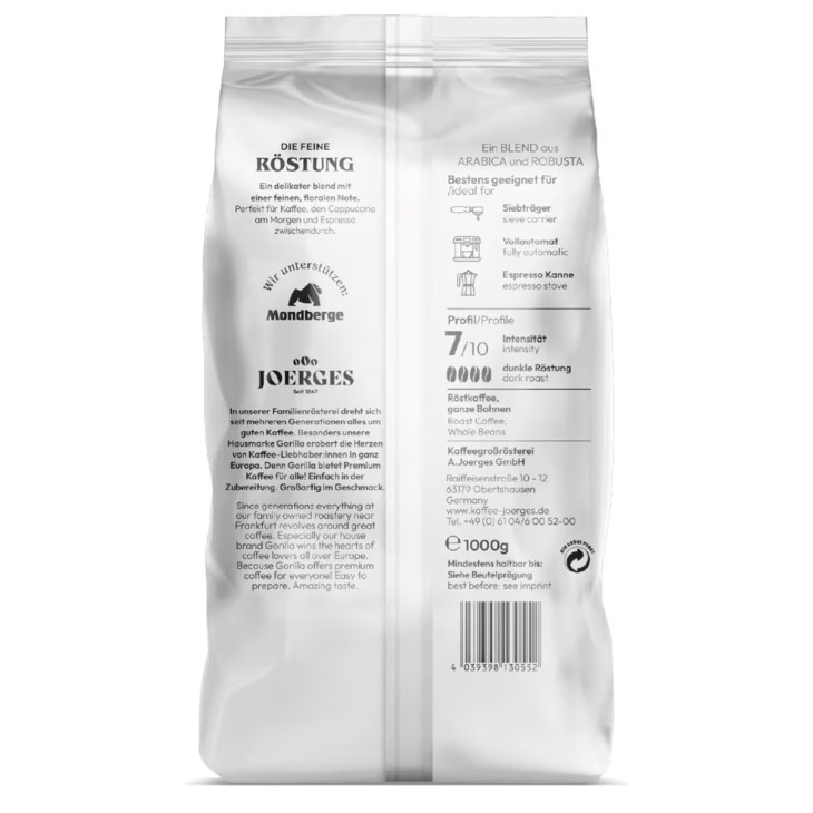 Joerges Gorilla Espresso Delicato kávébabok, 1 kg, közepes pörkölésű, finom és kiegyensúlyozott aromájú, eszpresszóhoz és kávéalapú italokhoz