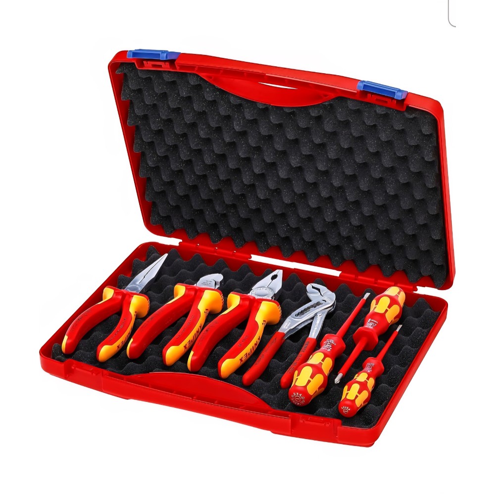 Professzionális villanyszerelő szerszámkészlet 7 darabos dobozban, Knipex Red 00 21 15, 275 mm, szigetelt VDE szerszámok, kompakt elrendezés, robusztus konstrukció, eredeti Németország