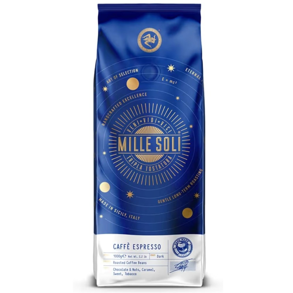 MilleSoli Caffè Espresso kávébab 1 kg, hagyományos háromszoros pörkölésű, tökéletes krémmel, alacsony savtartalommal, automata eszpresszógépekhez és portafilterekhez