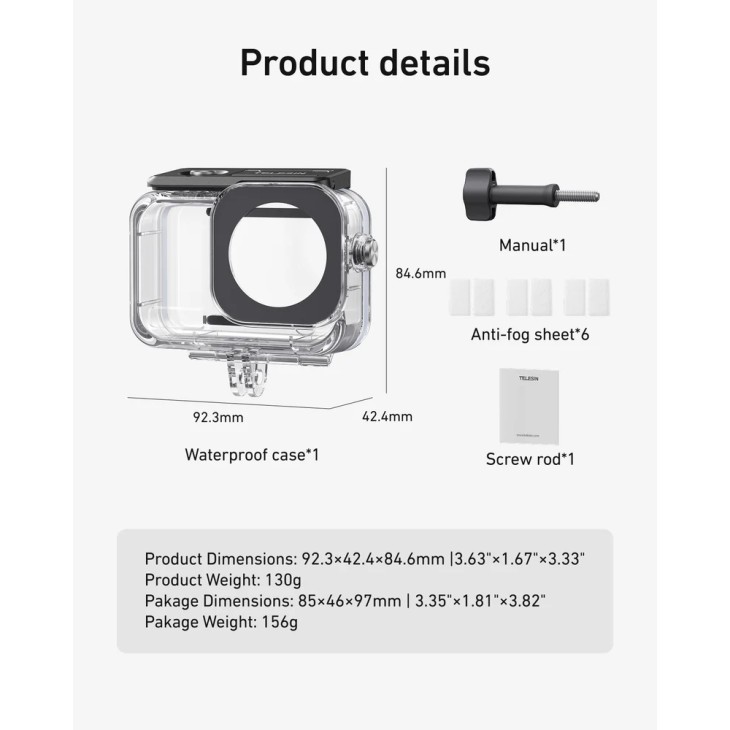 Víz alatti tok, Telesin, DJI Action 6 kompatibilis, maximális mélység 60 méter, ultra átlátszó
