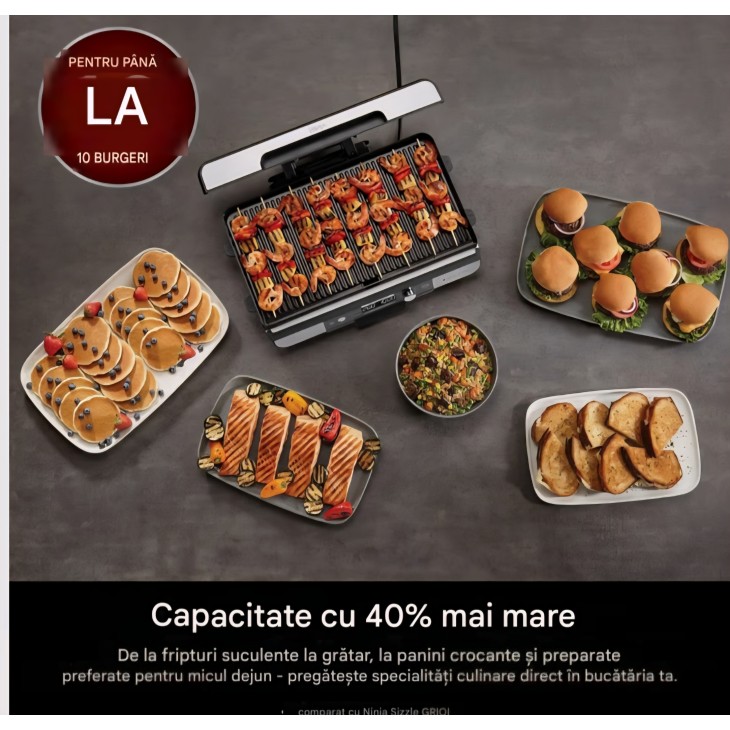 Ninja Sizzle Pro XL GX101EU elektromos grill és plancha, beltéri használatra, felső grilllap és plancha, tapadásmentes kerámia bevonat, levehető fedél, zsírgyűjtő tálca, receptkönyv mellékelve, ezüst/fekete, szállítási idő 7-8 nap