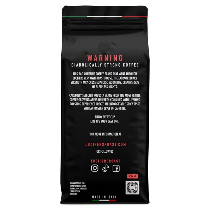 LUCIFERS ROAST Kávébab 1 kg, 100% Robusta, Extra Erős Espresso, Sötét Pörkölés, Alacsony Savtartalmú, Automata Espresso Gépekkel és Portafilterekkel Kompatibilis, Egész Kávébabok, Olaszországból Importálva