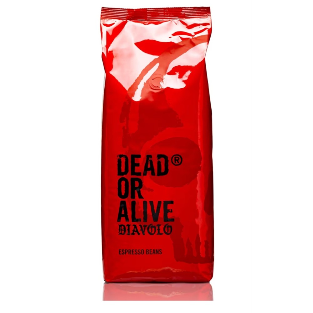 DEAD OR ALIVE Diavolo kávébabok 1 kg, Extra Sötét Espresso, 100% Robusta, rendkívül erős, alacsony savtartalmú, stabil crema, Napoli pörkölésű