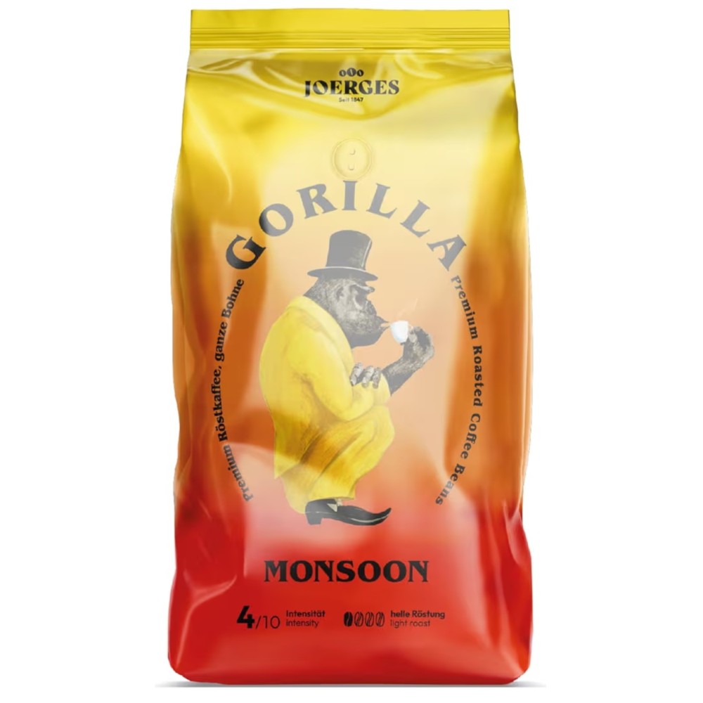 Joerges Gorilla Monsoon kávébabok, 1 kg, 100% Arabica, egzotikus aroma, telt test, eszpresszóhoz és hosszú kávéhoz
