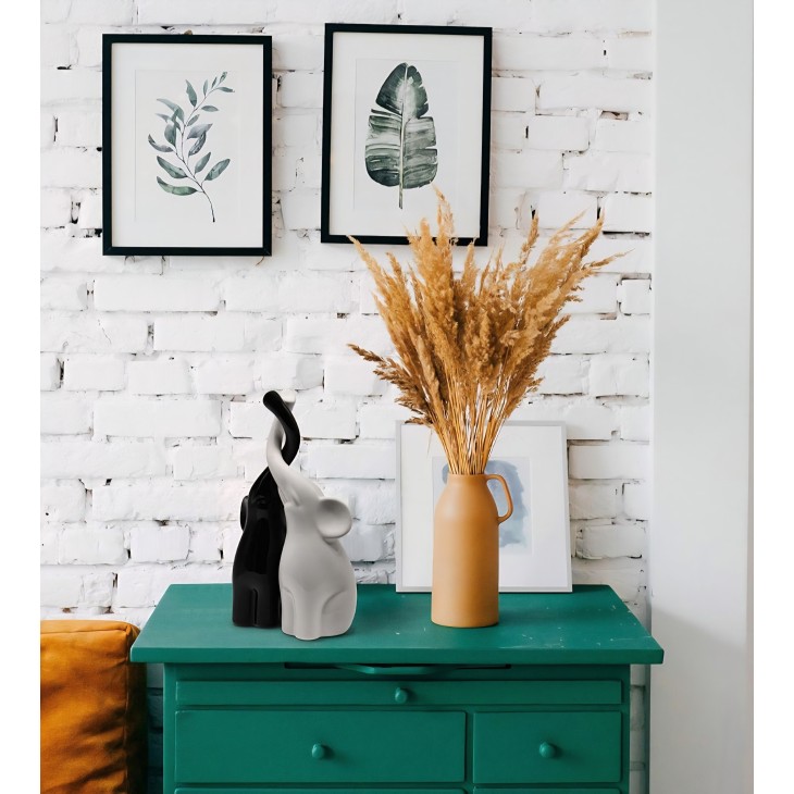 2 db-os dekoratív elefántfigura szett, FeinKnick, fekete-fehér kerámia, harmonikus modern dizájn, 26 cm magas, nappaliba, irodába, beköltözési ajándéknak