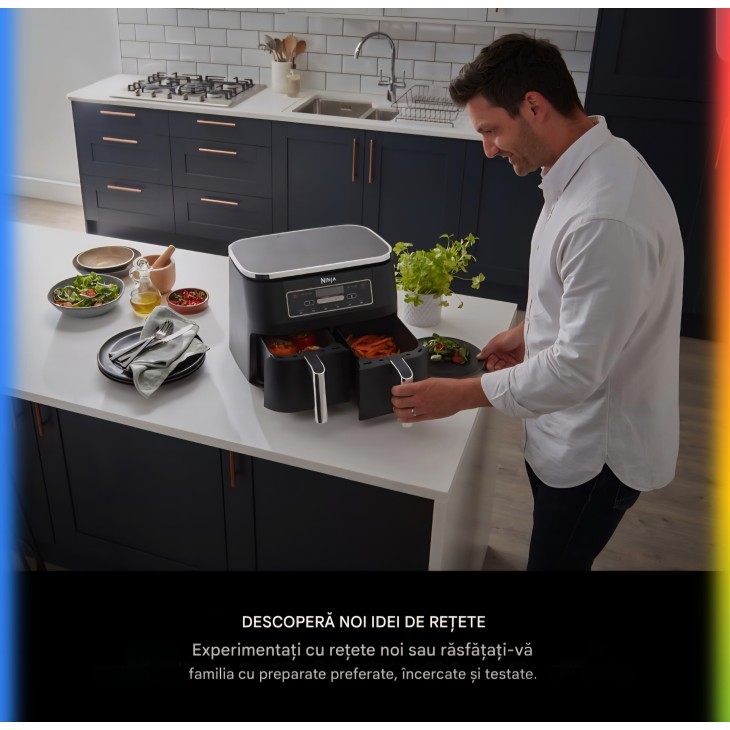 Ninja AF300EU kétzónás forrólevegős fritőz, 2470 W, 7,6 literes űrtartalom, 2 független rekesz, 6 főzési funkció, akár 65%-os energiamegtakarítás, fekete/szürke, szállítási idő 7-8 nap