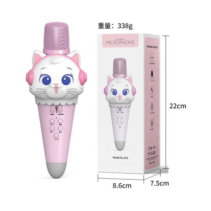 Gyermek karaoke mikrofon, Sinder S610, beépített hangszóró, aranyos macska modell, rózsaszín