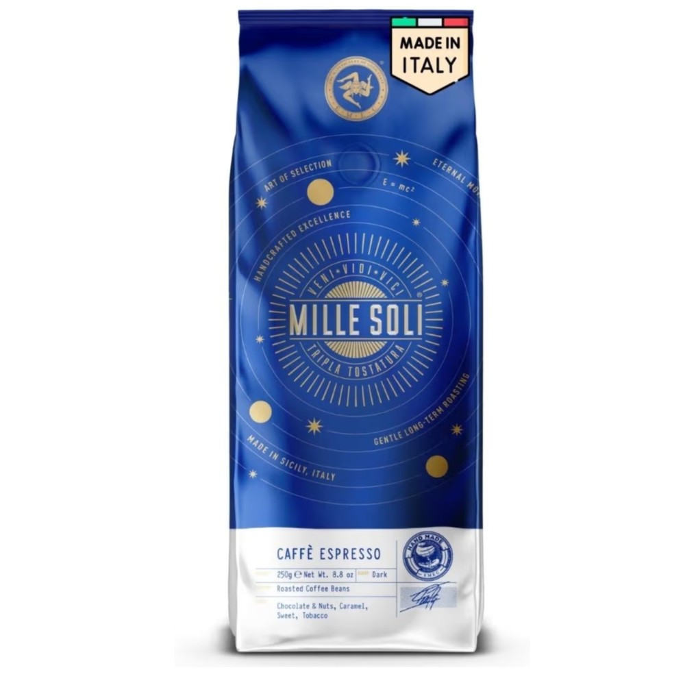 MilleSoli Caffè Espresso kávébab 250 g, hagyományos szicíliai pörköléssel, prémium, automata eszpresszógépekhez és portafilterekhez