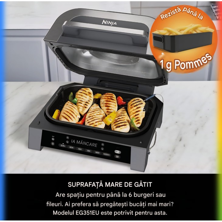 Ninja MAX DG551EU elektromos grill és forrólevegős fritőz, 6 az 1-ben, 3,8 L, beltéri használatra, 6 főzési funkció, akár 6 hamburger kapacitása, alacsony füstkibocsátás, digitális hőmérővel, szürke/ezüst, szállítási idő 7-8 nap