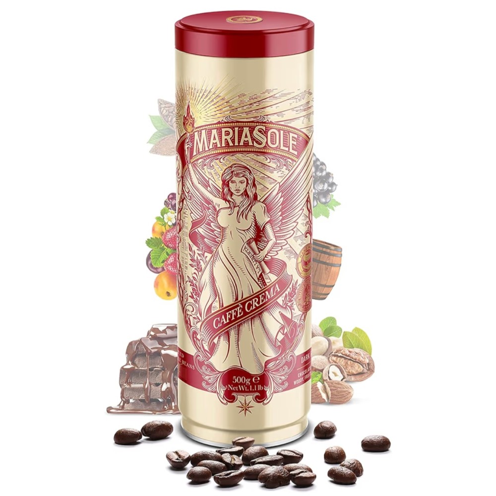 MariaSole Caffè Crema kávébab 500 g, prémium fémdoboz, hagyományos fatüzelésű pörkölés Szicíliában, automata eszpresszógépekhez és portafilterekhez