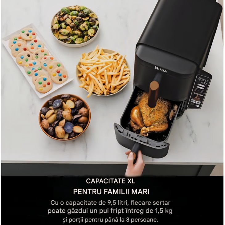 Ninja Double Stack XL SL400EUCP forrólevegős fritőz, 9,5 L, 2 függőleges fiók, 4 főzési szint, kompakt kialakítás, 6 funkció, 8 adag, csipesz mellékelve, fekete/réz, szállítási idő 7-8 nap