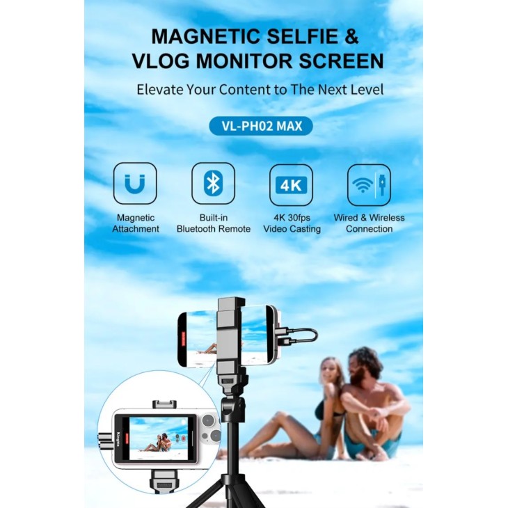 Mágneses monitor, KingMa VL-PH02 MAX, szelfikhez és vlogoláshoz, 3,97"-os képernyő, iPhone, Samsung, Huawei kompatibilis, 4K 30fps felbontás, fekete