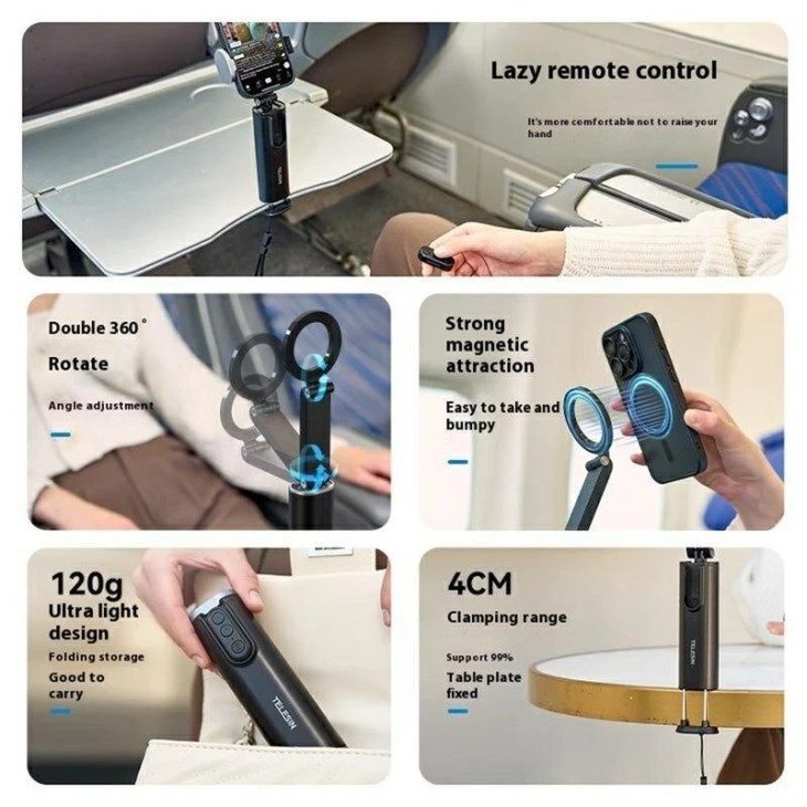 Szelfibot vlogoláshoz, Telesin P1-HSS-02, mágneses tartó iPhone 16,15,14,13,12 készülékekhez, Bluetooth távirányító, fekete